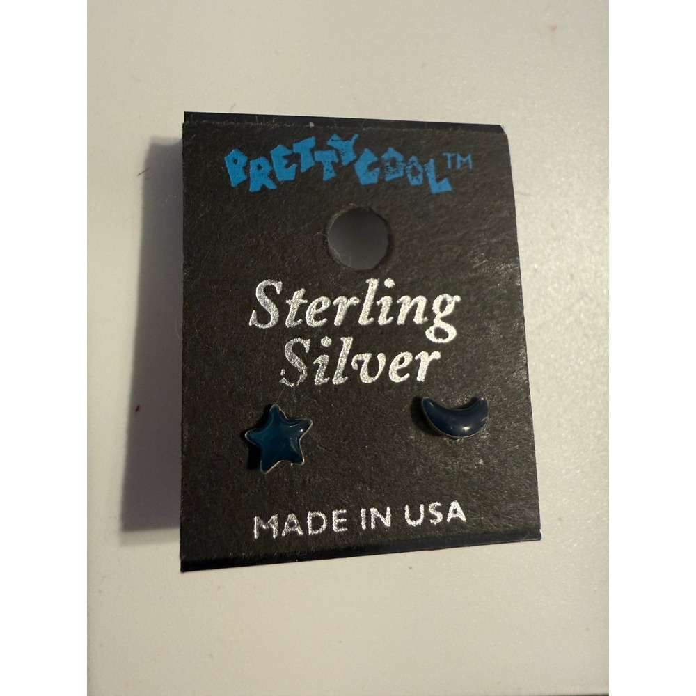 Pretty Cool Sterling Silver Star Moon Mismatched Stud Earrings Blue Enamel USA